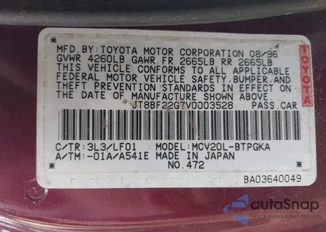 1997 Lexus Es 300 z USA, uszkodzony, nr VIN JT8BF22G7V0003528